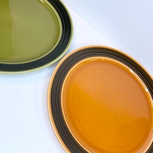 MCM Mikasa Plates Set 2 Green Erin 7404, Orange Melon 7400, Japan Terra-Stone Stoneware Mid Century Modern Serving Rare Plate Dinner Plate