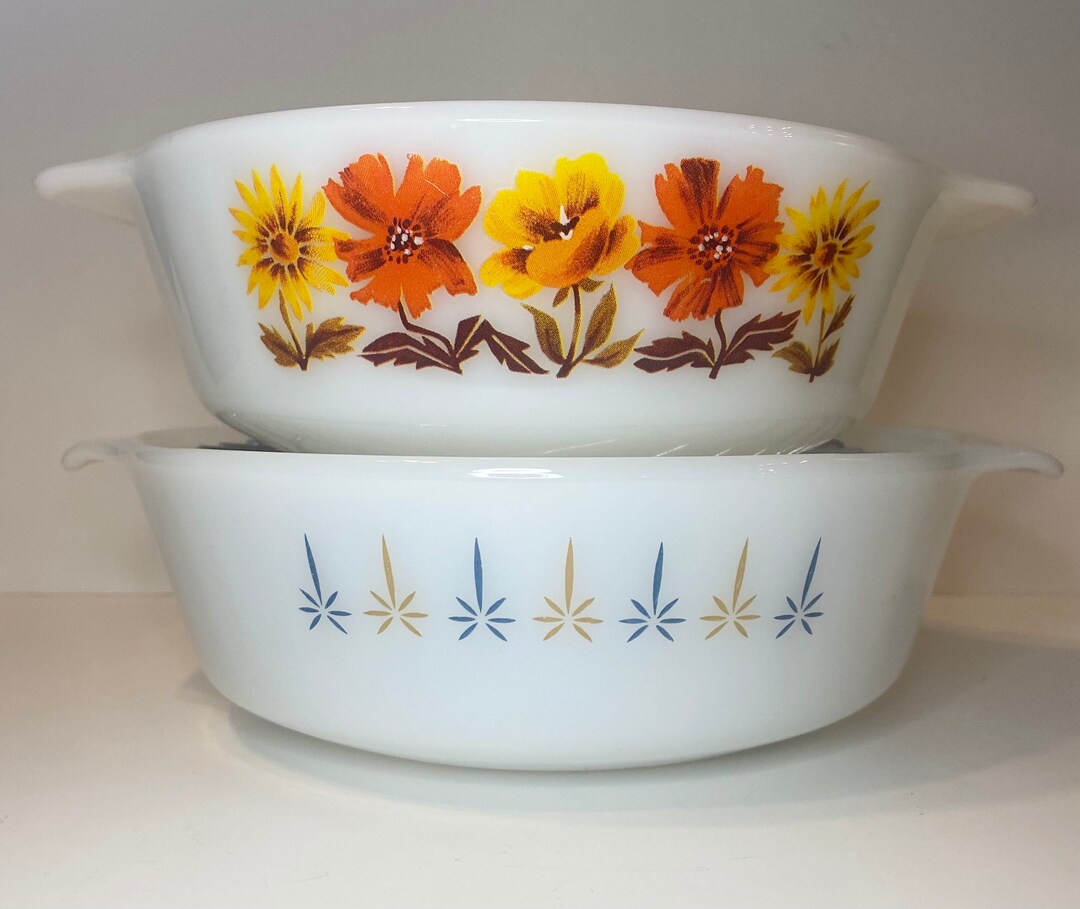 Fire King Baking Dish Set 2 437 Round Vintage Yellow Flowers 436 Milk Glass Retro Kitchen Anchor