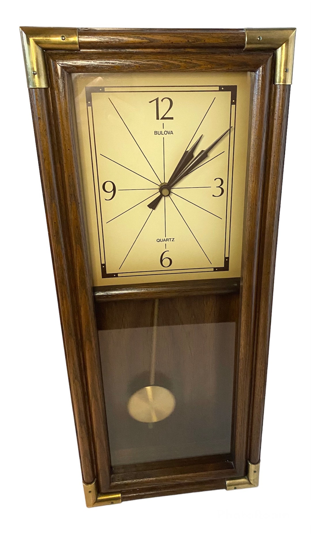 Vintage Bulova Grandfather Clock Quartz Brass Accent Wood Etsy