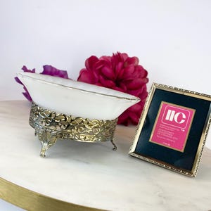 MCM Vintage Brass Footed Trinket Dish Mini Picture Frame Milk Glass Anchor Hocking 1940s Gold Rim Collectible Bedroom Decor Jewlery Dish
