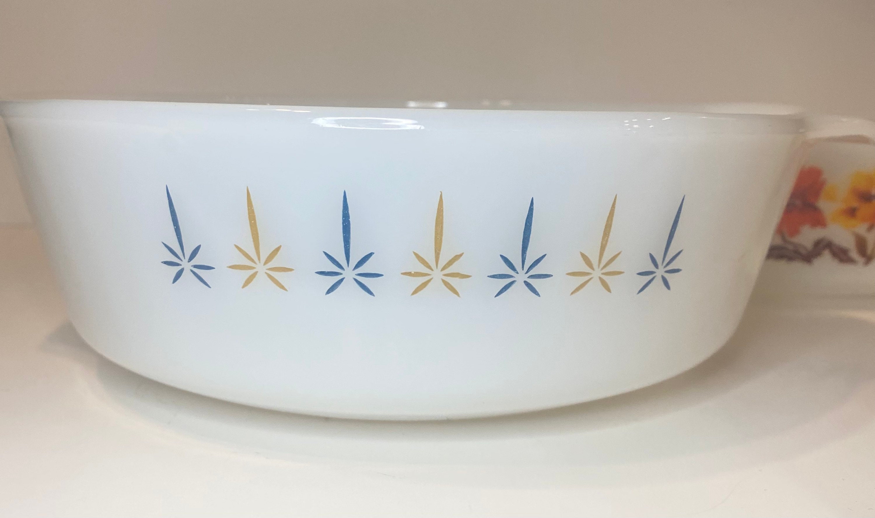 Fire King Baking Dish Set 2 437 Round Vintage Yellow Flowers 436 Milk Glass Retro Kitchen Anchor