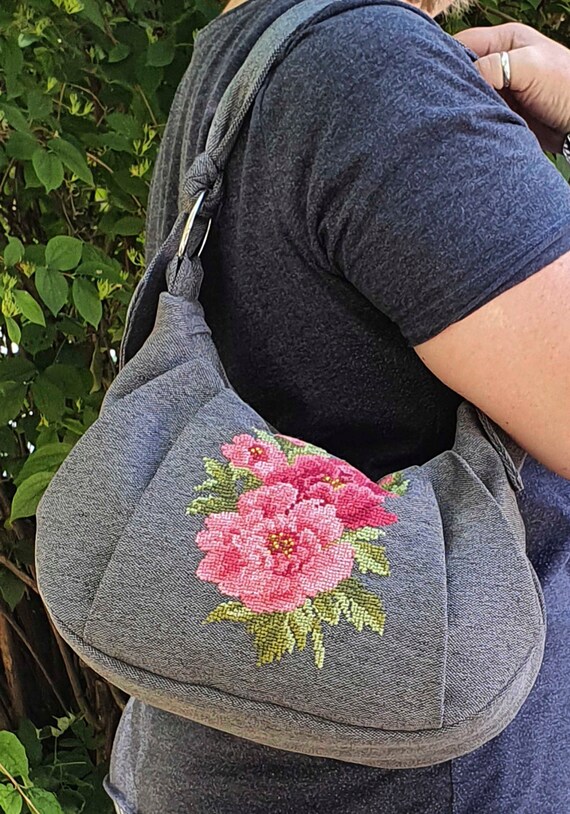 Stylish Gray Embroidered Women\'s Bag Womens Gray Bag With Embroidered Pink Flowers Elegant Unique  main image 4