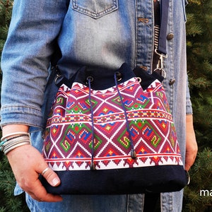 Ethnic boho crossbody bag Denim, fabric bag drawstring Women convertible backpack Medium sack with print Eco friendly rucksack Hippie bag