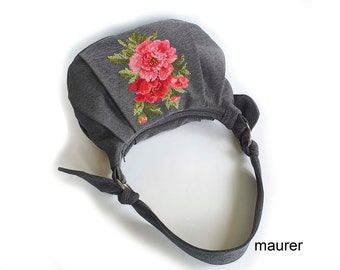 Women's embroidered gray shoulder bag with embroidered pink flowers Elegant unique fabric bag