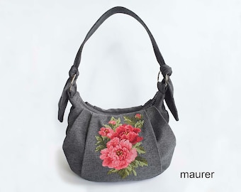 Womens gray bag with embroidered pink flowers Elegant unique fabric bag