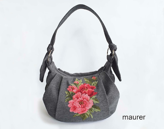 Womens Gray Bag With Embroidered Pink Flowers Elegant Unique 