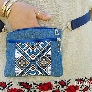 Denim fanny pack with blue print Ethnic bag Womens comfortable bum bag Utility waist bag Cotton pocket bag Travel mini belt bag Gift for her