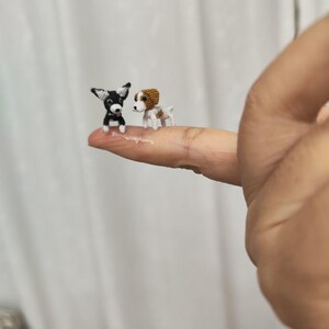 May include: Two miniature crochet dog figurines. One dog is black and white, the other is white and brown. The dogs are standing side-by-side. The dogs are small, and appear to be about 2.5 cm in height.