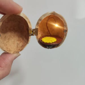 以下が含まれることがあります： ミニチュアのヒンジ付きクルミの殻が開き、小さな照明付きの内部が現れます。内部には、小さな丸い茶色のプラットフォームがあり、黄色のテクスチャのあるオブジェクトを保持しています。殻は小さな真鍮製のヒンジで開いたままになっています。
