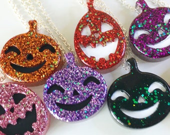 Colliers de résine Kawaii Glitter Pumpkin Jack O Lantern