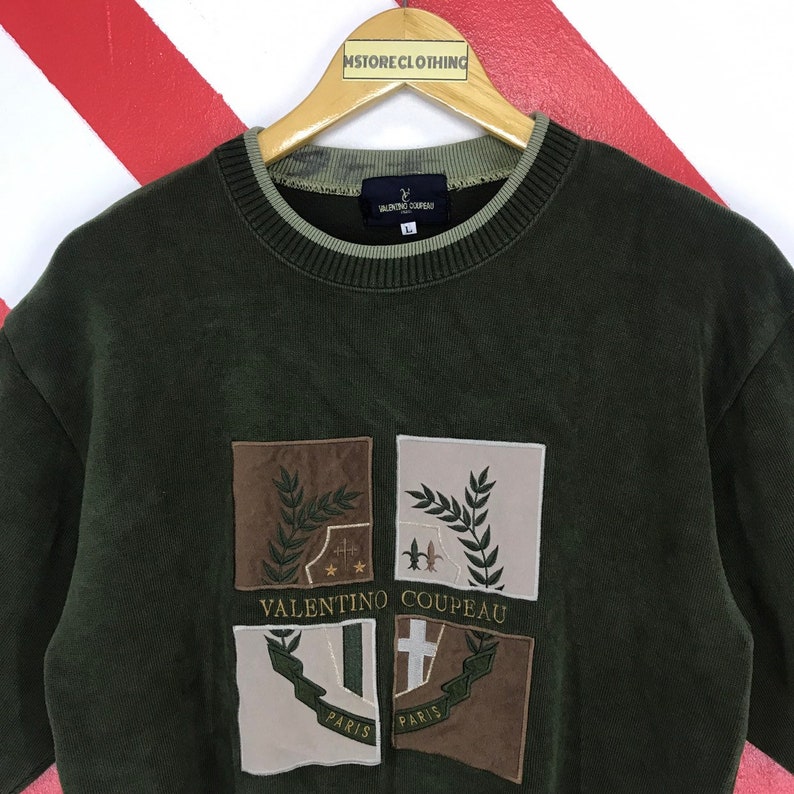 Vintage 90s Valentino Coupeau Sweatshirt Crewneck Valentino Sweater Pullover Valentino Designer Jumper Embroidery Logo Green Size Large