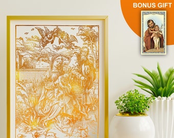 Heilige familie 8 x 10 in handgemaakte goudfoliekunstafdrukken, Jesus Mary Saint Joseph Home Artwork, katholieke housewarming religieus inspirerend cadeau