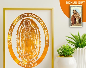 Notre-Dame de Guadalupe Œuvres d’art faites à la main - Feuille d’or 8x10 Impression, Gravures catholiques Immaculées Marie, Décor d’art mural inspirant et motivant