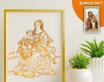 May include: Gold foil print of the Virgin Mary and baby Jesus. The image is framed in a gold frame and is on a white background.