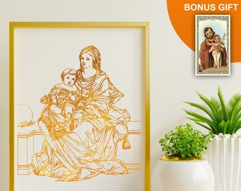 Marie avec l’Enfant Jésus, Mère de Dieu 8x10 en véritable feuille d’or faite à la main Gravure murale d’art, Cœur Immaculé de Marie Gravures d’œuvres d’art catholiques