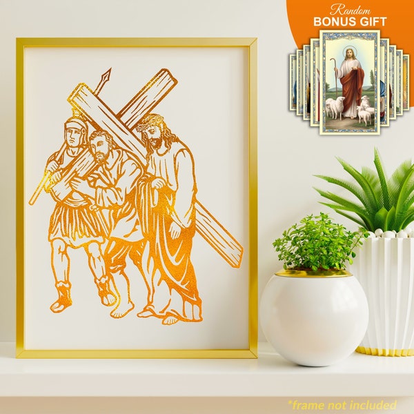 Fünfte Station: Simon von Kyrene hilft Jesus, sein Kreuz zu tragen - Passion Christi Handgemachte Goldfolie 20x30cm Kunstdruck, katholischer Geschenkdruck