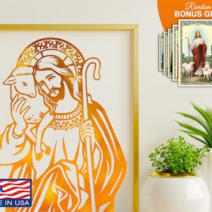Jesus the Good Shepherd, 8x10in Handmade Gold Foil Wall Art Decor Print, Our Lord Jesus Christ Religious Catholic Christian Artwork Prints