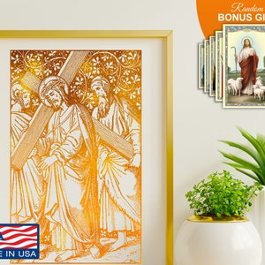 Passion of Christ, Jesus Carrying the Cross - Handmade Gold Foil 8x10 in Art Print, Home Wall Decor Artwork, Best Catholic Gift Prints