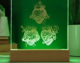 Letrero decorativo cuadrado de acrílico transparente con tres corazones sagrados, Jesús, María y José, con soporte y luz LED, decoración de pared para el hogar, regalo
