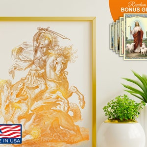St George Slaying Dragon - 8x10in Handmade Gold Foil Artwork, Patron Saint of England Wall Art Decor Print, Housewarming Gift for Him Her