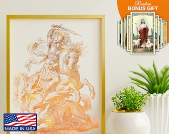 St George Slaying Dragon - 8x10in Handmade Gold Foil Artwork, Patron Saint of England Wall Art Decor Print, Housewarming Gift for Him Her