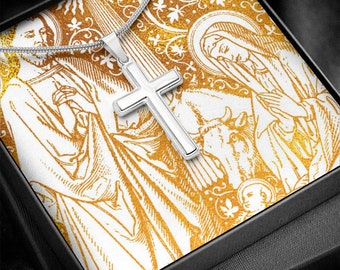 Silver Stainless Steel Cross Necklace Jewelry with Holy Family Child Jesus Mary Joseph artwork -Beautiful Christian Catholic Christmas Gifts