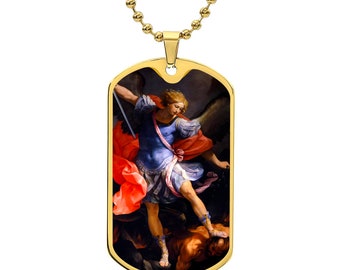 Saint Michael The Archangel Dog Tag Necklace, Luxury Long Lasting Military Grade Quality Necklace, For Dad, Holy Communion Confirmation Gift