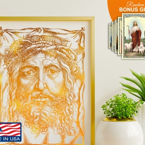 Sudarium Veil of Veronica 2, 8x10in Handmade Gold Foil Wall Art Decor Print, Lord Jesus Christ Religious Catholic Christian Artwork Prints