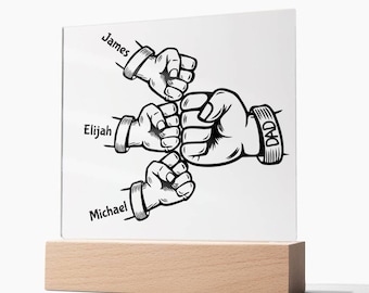 Fist Bump Dad and Kids Personalized Display Acrylic Sign Signage, Home Decor Custom Unique Birthday Father's Day Gift Idea For Him, For Dad