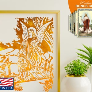 Guardian Angel - Real Gold Foil 8x10 Art Print, Angel With Children Great Inspirational Christian Bible Wall Art Artwork Decor Prints Gifts
