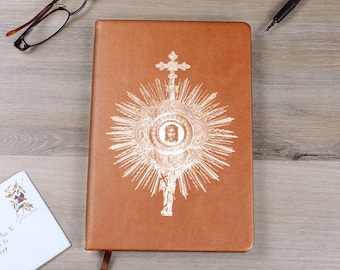 Holy Eucharist Blessed Sacrament Monstrance with Holy Face Leather Journal Notebook Diary, Lined Travel Notebook, Catholic Gifts for Him Her