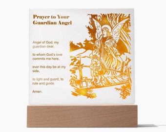 Oración a tu ángel de la guarda: placa cuadrada acrílica transparente con soporte, regalo para hombres, mujeres, mamá, papá, novio, novia
