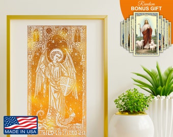 Saint Michael the Archangel -Real Gold Foil 8x10 in Print, Great Inspirational Sacred Christian Catholic Artwork Art Prints Decor Wall Gifts