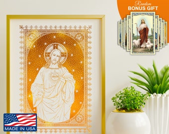 Sagrado Corazón de Jesús, impresión dorada hecha a mano de 20 x 25 cm, decoración religiosa inspiradora para pared, impresiones de obras de arte cristianas, regalo perfecto