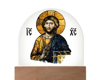 Christ Pantocrator Icon - Ruler of All, Almighty, All-powerful - Roman Catholic Artwork - Clear Acrylic Dome Plaque Sign Decor with stand