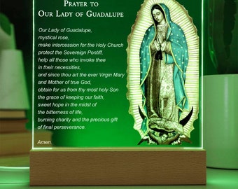 Our Lady of Guadalupe Holy Mary Mother of God Clear Acrylic Square Plaque Sign Decor with stand & LED light, Home Wall Decor, Christmas Gift
