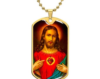 Sacred Heart Of Jesus - Dog Tag Pendant Necklace with Ball Chain, Christian Catholic, Perfect Gift for Holy Communion Confirmation Birthday