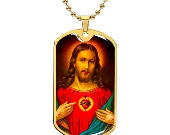 Sacred Heart Of Jesus - Dog Tag Pendant Necklace with Ball Chain, Christian Catholic, Perfect Gift for Holy Communion Confirmation Birthday