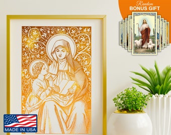 Saint Anne Mother Of St Mary - Handmade 8x10in Gold Foil Artwork, Wall Art Decor Print, Catholic Housewarming Gift for Mother Grandmother