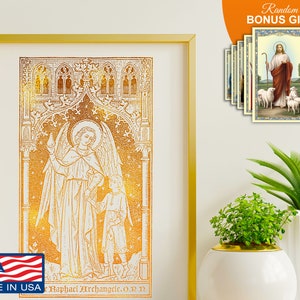 St. Raphael Archangel 8x10 in Real Gold Foil Print, Inspirational Catholic Wall Art Home Decor, Perfect Artwork Gift Prints For Housewarming