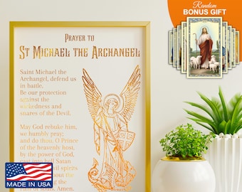 Saint Michael the Archangel Prayer -Real Gold Foil 8x10 in Print, Inspirational Christian Catholic Artwork Art Prints Decor Wall Gifts