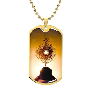 Holy Eucharist Blessed Sacrament Art Monstrance Traditional Roman Catholic Artwork - Dog Tag Pendant Necklace with Ball Chain, great gift