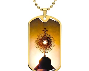 Holy Eucharist Blessed Sacrament Art Monstrance Traditional Roman Catholic Artwork - Dog Tag Pendant Necklace with Ball Chain, great gift