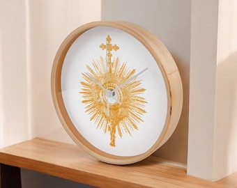 Holy Eucharist Monstrance Wooden Frame 10" Wall Clock - Modern Minimalist Style with no numbers, Decorative Home Wall Decor, Catholic Gift