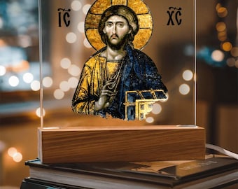 Christ Pantocrator Icon - Ruler of All, Almighty, All-powerful - Roman Catholic Artwork - Clear Acrylic Square Plaque Sign Decor with stand