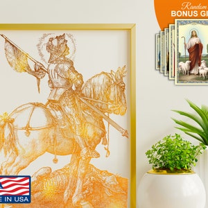 St George Slaying Dragon - Handmade 8x10in Gold Foil Artwork, Wall Art Decor Print, Catholic Housewarming Gift for Son Father Grandfather