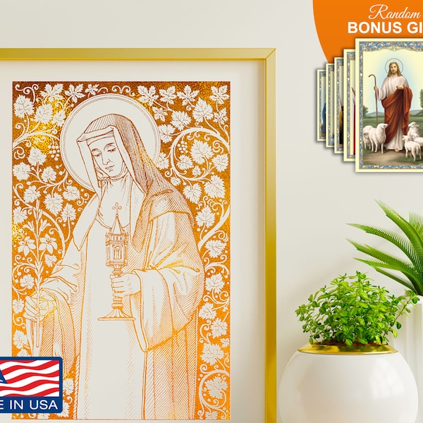 St Clare of Assisi, follower of St Francis - 8x10 in Handmade Gold Foil Artwork, Saint Claire, Founder of Poor Clares Wall Art Decor Print