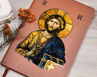Jesus Christ the Teacher Icon Leather Journal Notebook Diary, Lined Travel Notebook, Catholic Confirmation Birthday Holy Communion Gifts