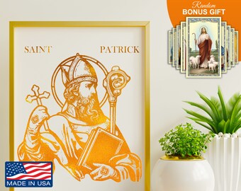 Saint Patrick of Ireland - Real Handmade Gold Foil 8x10 in Art Print, Christian Home Wall Decor Artwork, Perfect Best Catholic Gift Prints