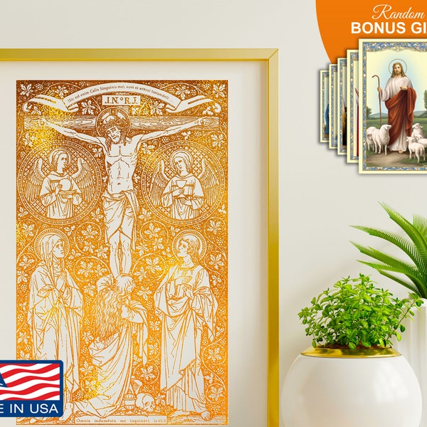 Crucifixion of Jesus - Real Gold Foil 8x10 in Art Print, Christian Home Wall Decor Artwork, Perfect Catholic Gift Prints for Housewarming